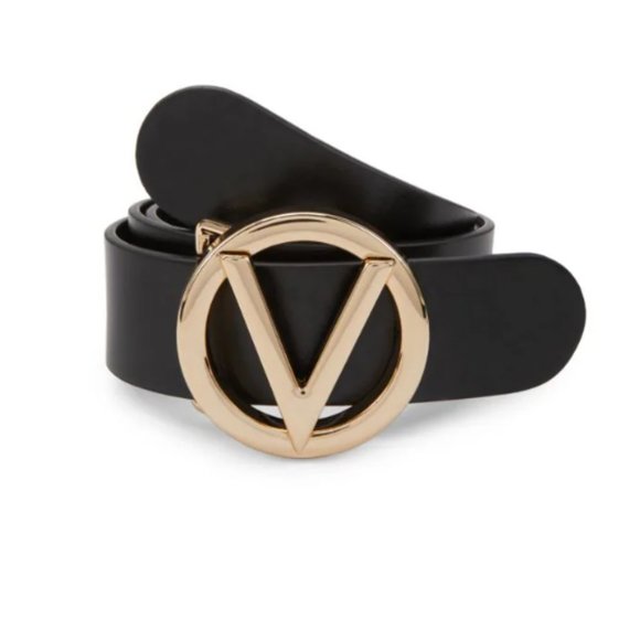Valentino Giusy V-Logo Black Gold Leather Belt (Size M) - Picture 1 of 8
